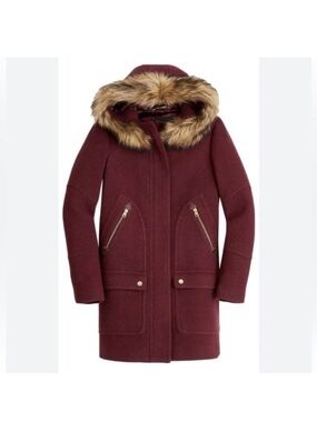 J. Crew Burgundy Wool-Blend Hooded Trench Coat with Faux-Fur Trim